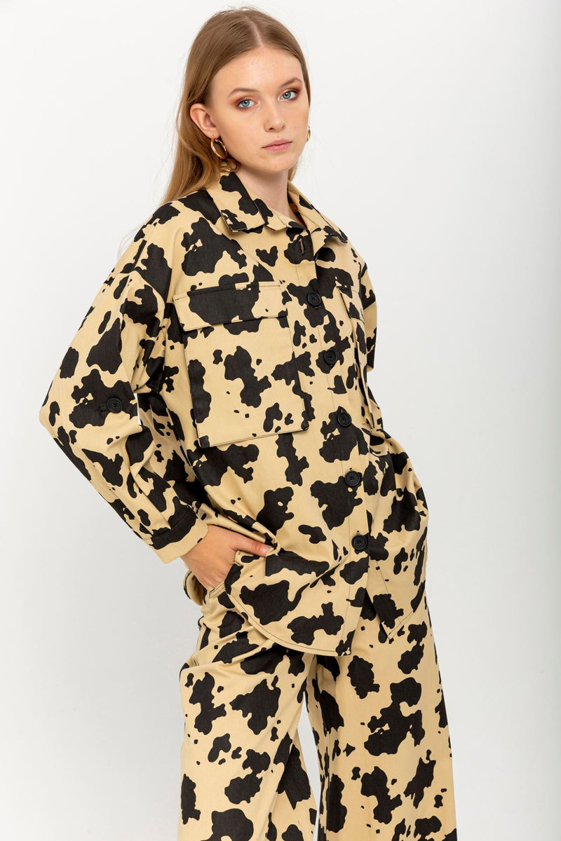 Gabardine Fabric Long Sleeve Shirt Collar Oversize Cow Print Women Jacket - Beige - STREETMODE™