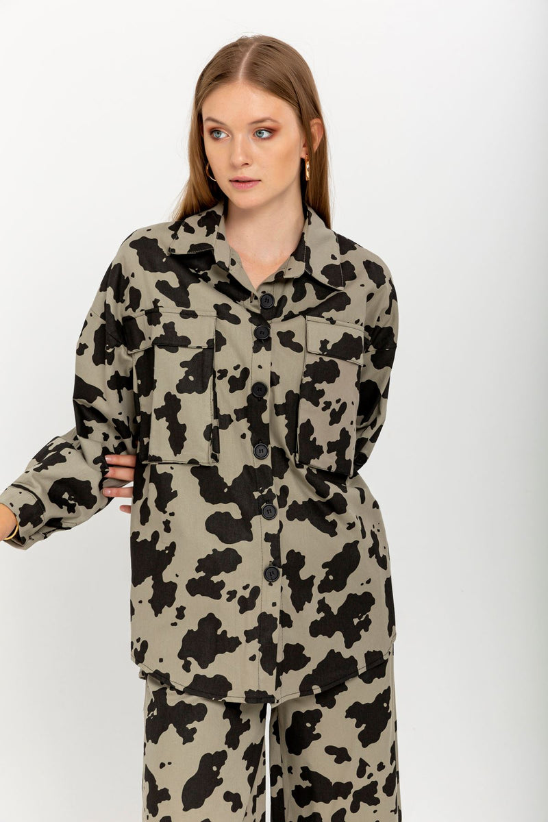 Gabardine Fabric Long Sleeve Shirt Collar Oversize Cow Print Women Jacket - Grey - STREETMODE™