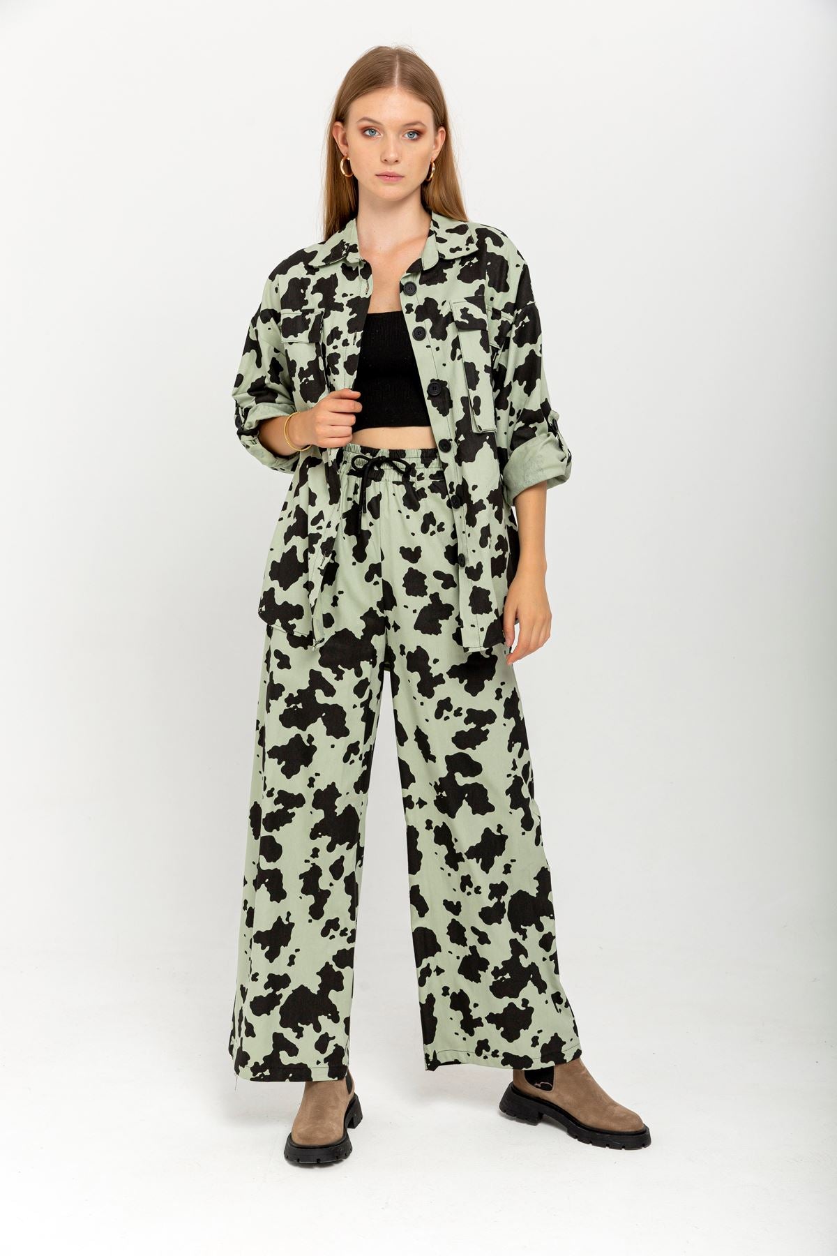 Gabardine Fabric Long Wide Cow Print Women'S Trouser - Mint - STREETMODE™