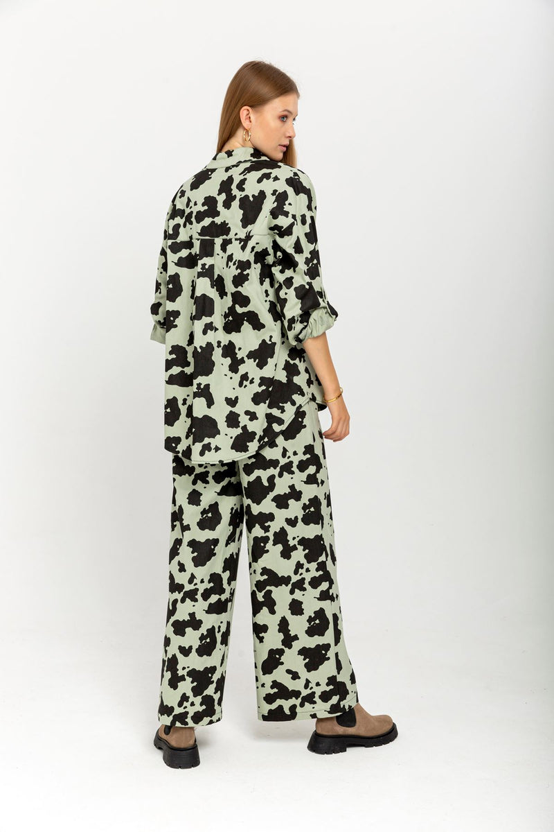 Gabardine Fabric Long Wide Cow Print Women'S Trouser - Mint - STREETMODE™