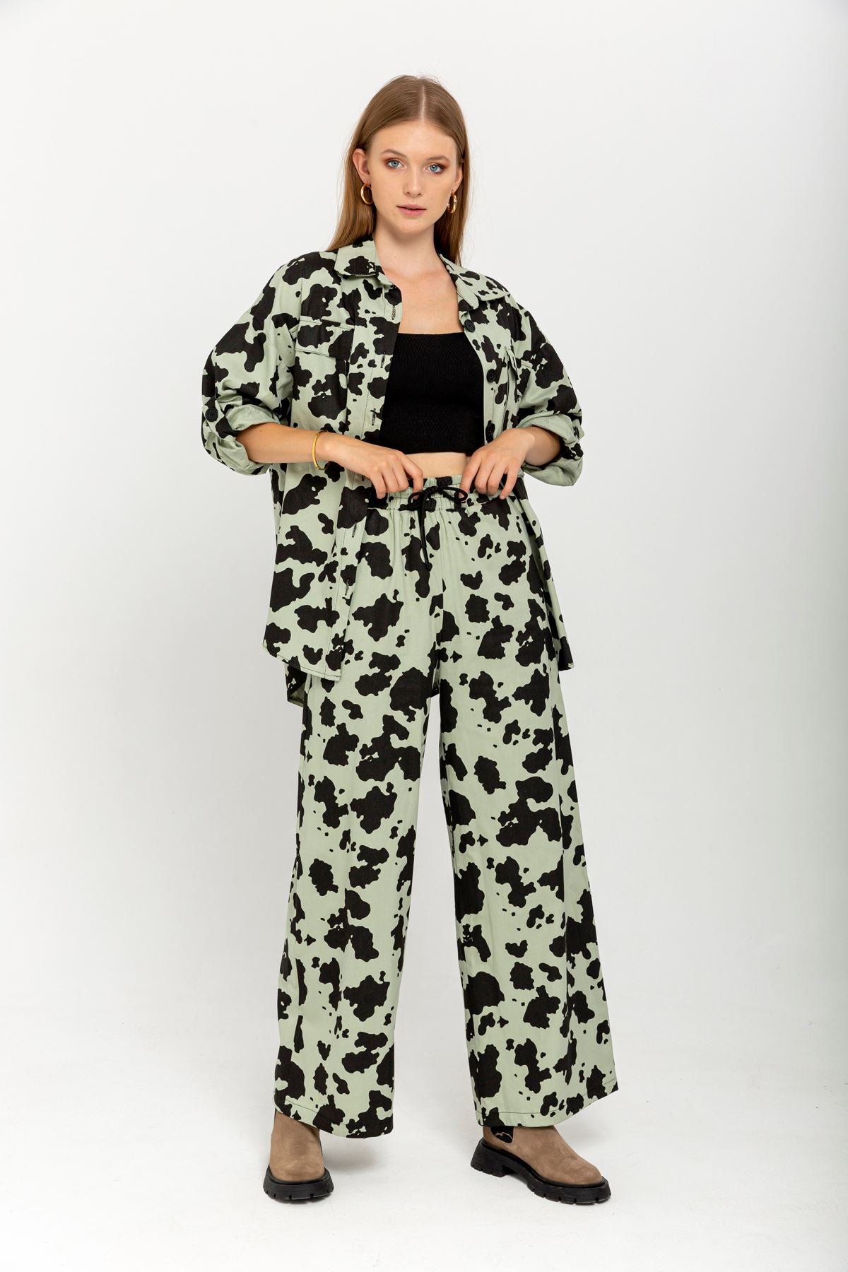 Gabardine Fabric Long Wide Cow Print Women'S Trouser - Mint - STREETMODE™