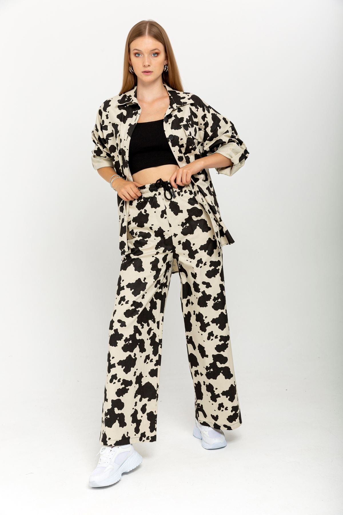 Gabardine Fabric Long Wide Cow Print Women'S Trouser - Stone - STREETMODE™