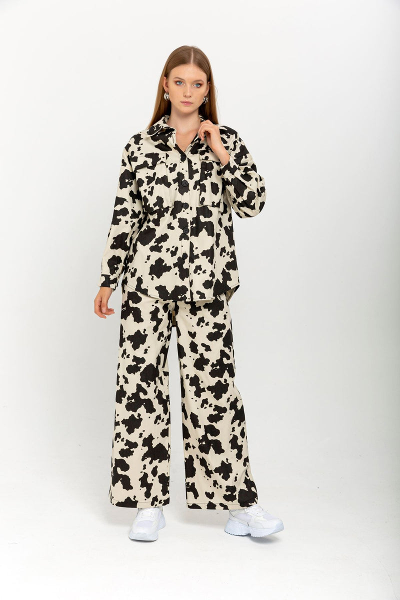 Gabardine Fabric Long Wide Cow Print Women'S Trouser - Stone - STREETMODE™