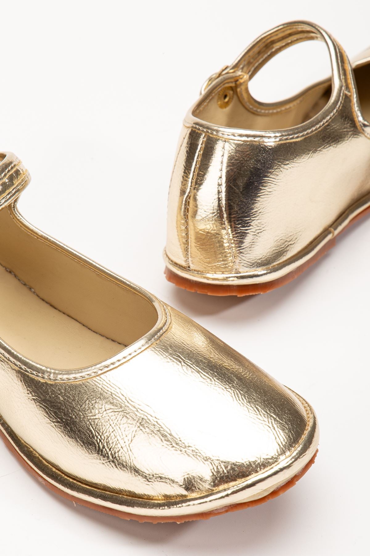 Gold Skin Buckle Detailed Flat Sole Women's Ballerinas - STREETMODE™