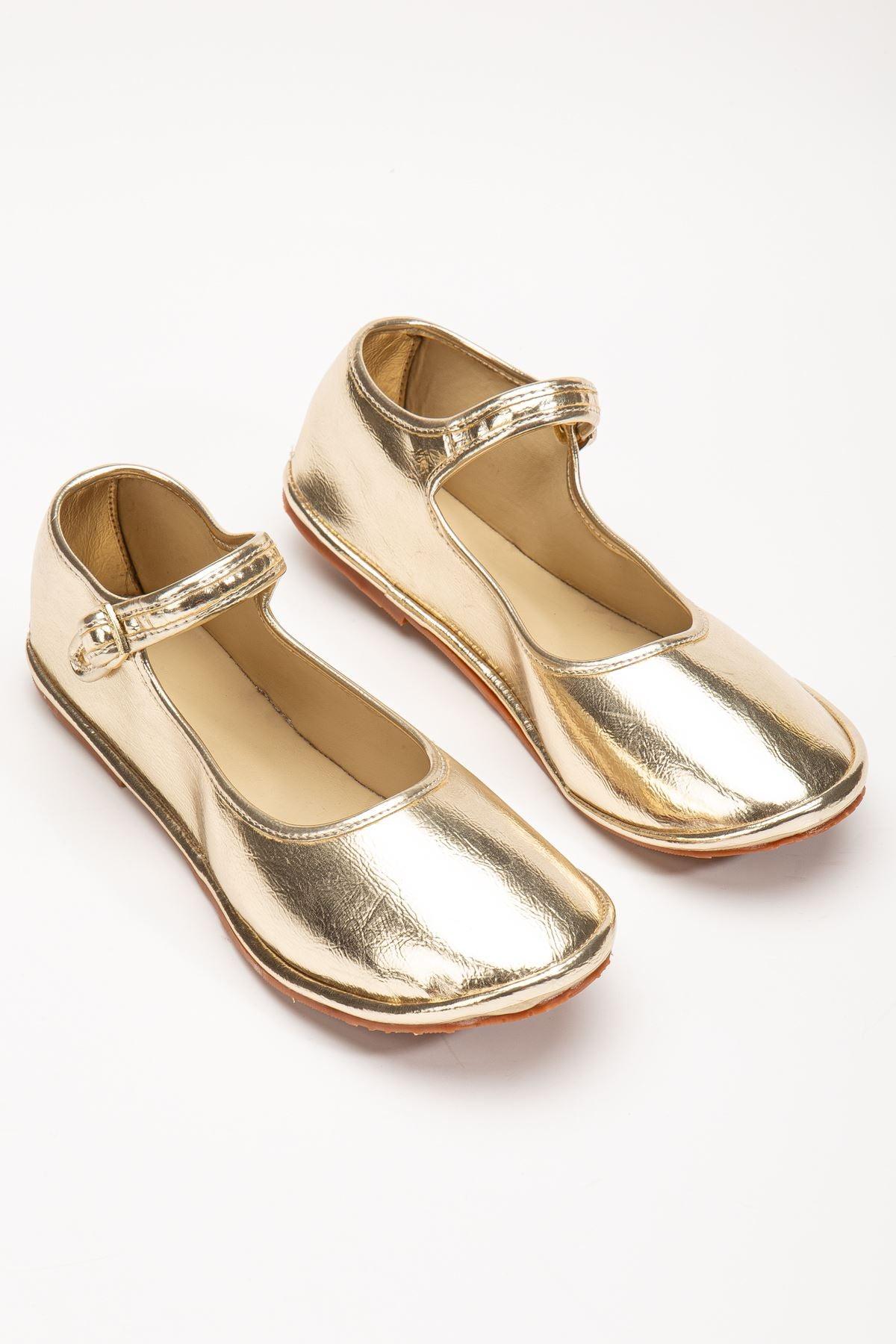 Gold Skin Buckle Detailed Flat Sole Women's Ballerinas - STREETMODE™