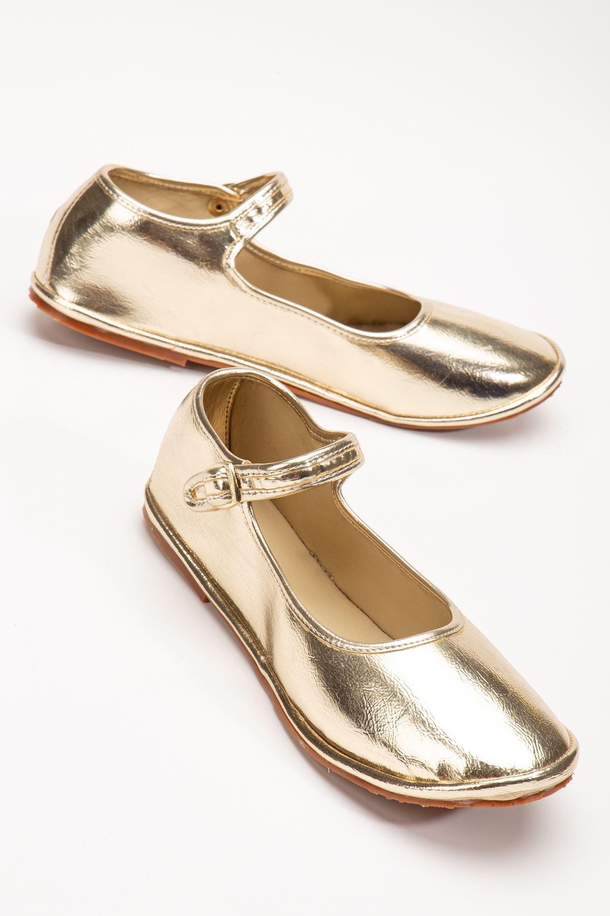 Gold Skin Buckle Detailed Flat Sole Women's Ballerinas - STREETMODE™