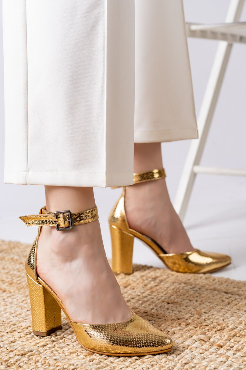 Gold Skin Crocodile Leather Detailed High Heel Shoes - STREETMODE™