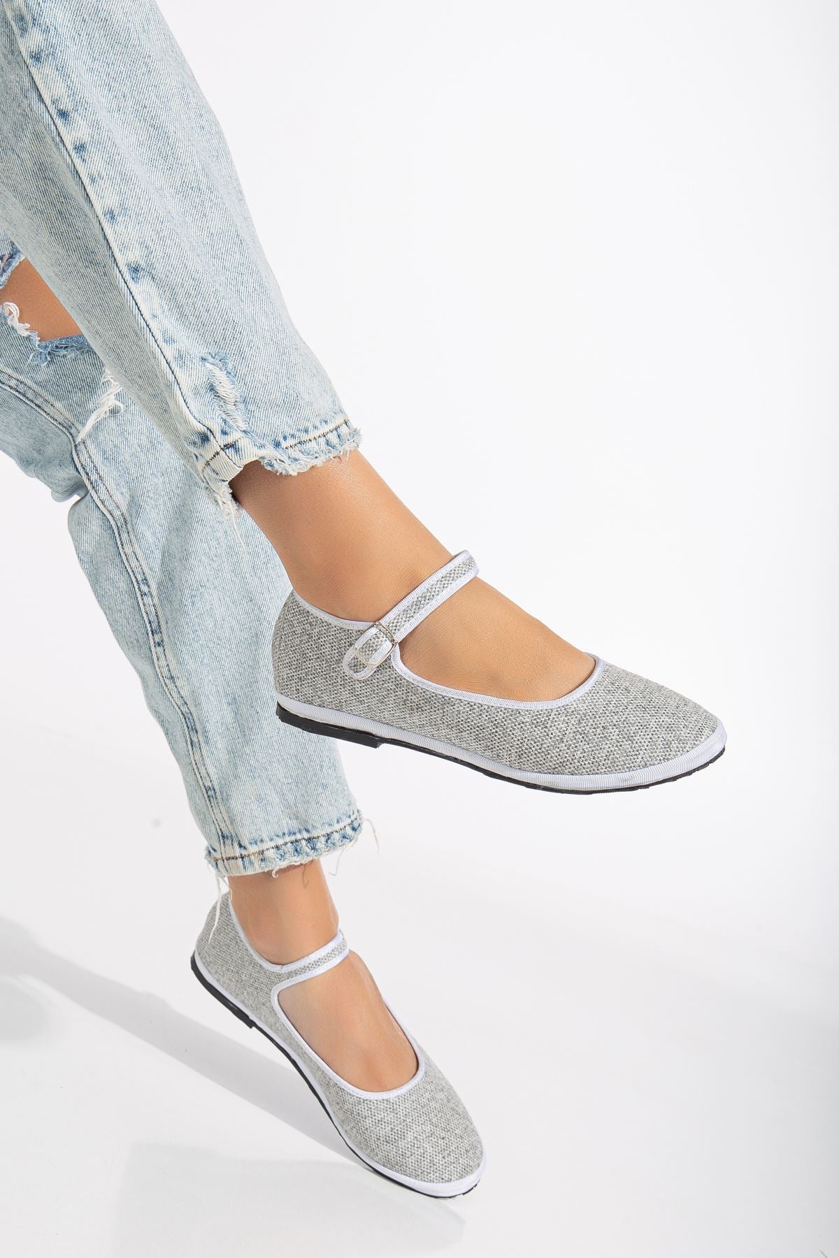 Gray Linen Buckle Detailed Flat Sole Women's Ballerinas - STREETMODE™