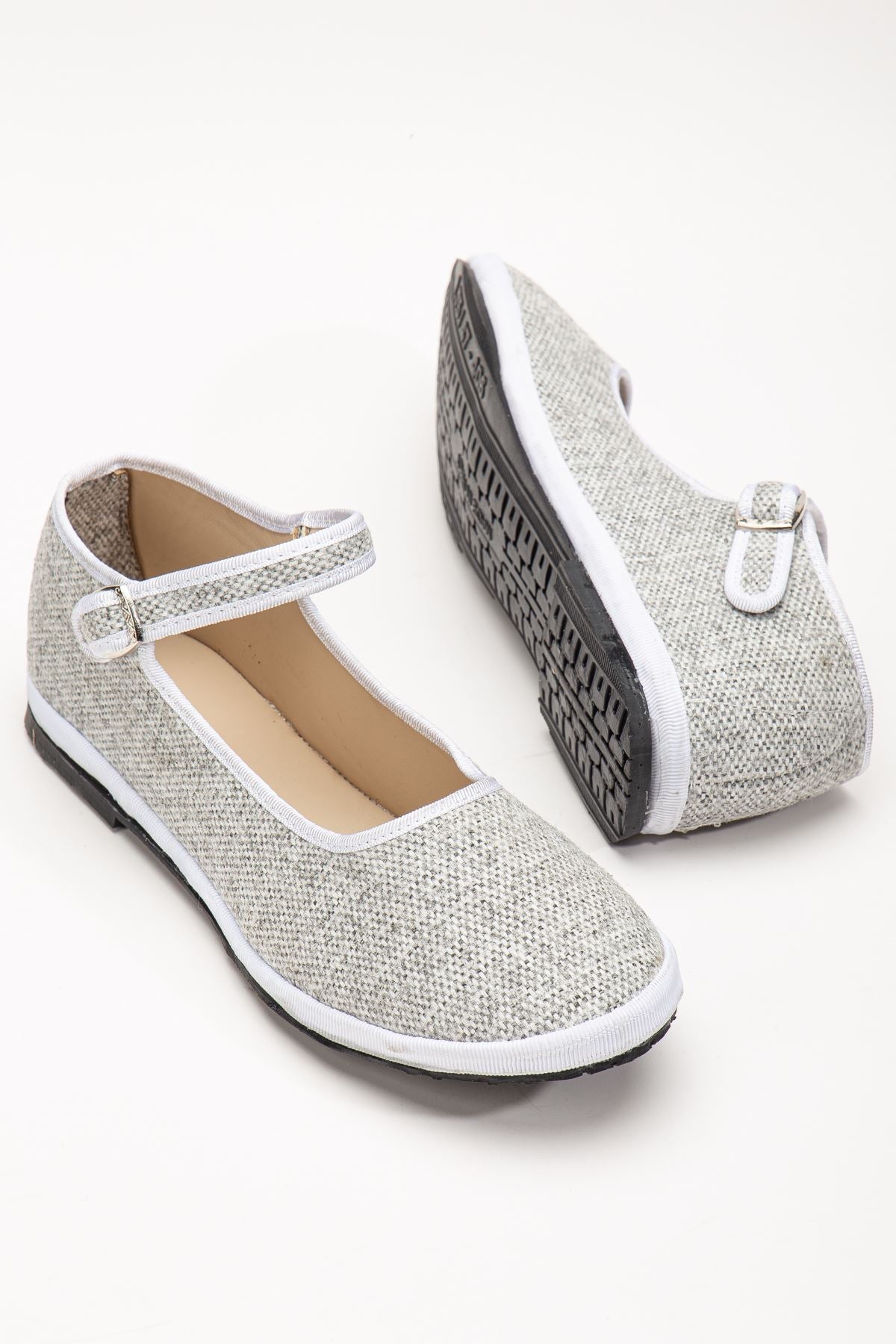 Gray Linen Buckle Detailed Flat Sole Women's Ballerinas - STREETMODE™