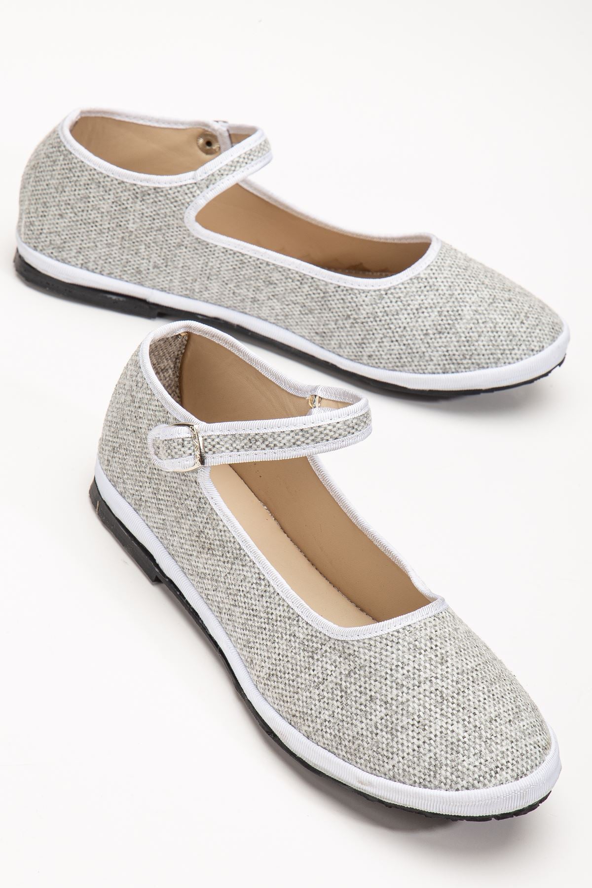 Gray Linen Buckle Detailed Flat Sole Women's Ballerinas - STREETMODE™