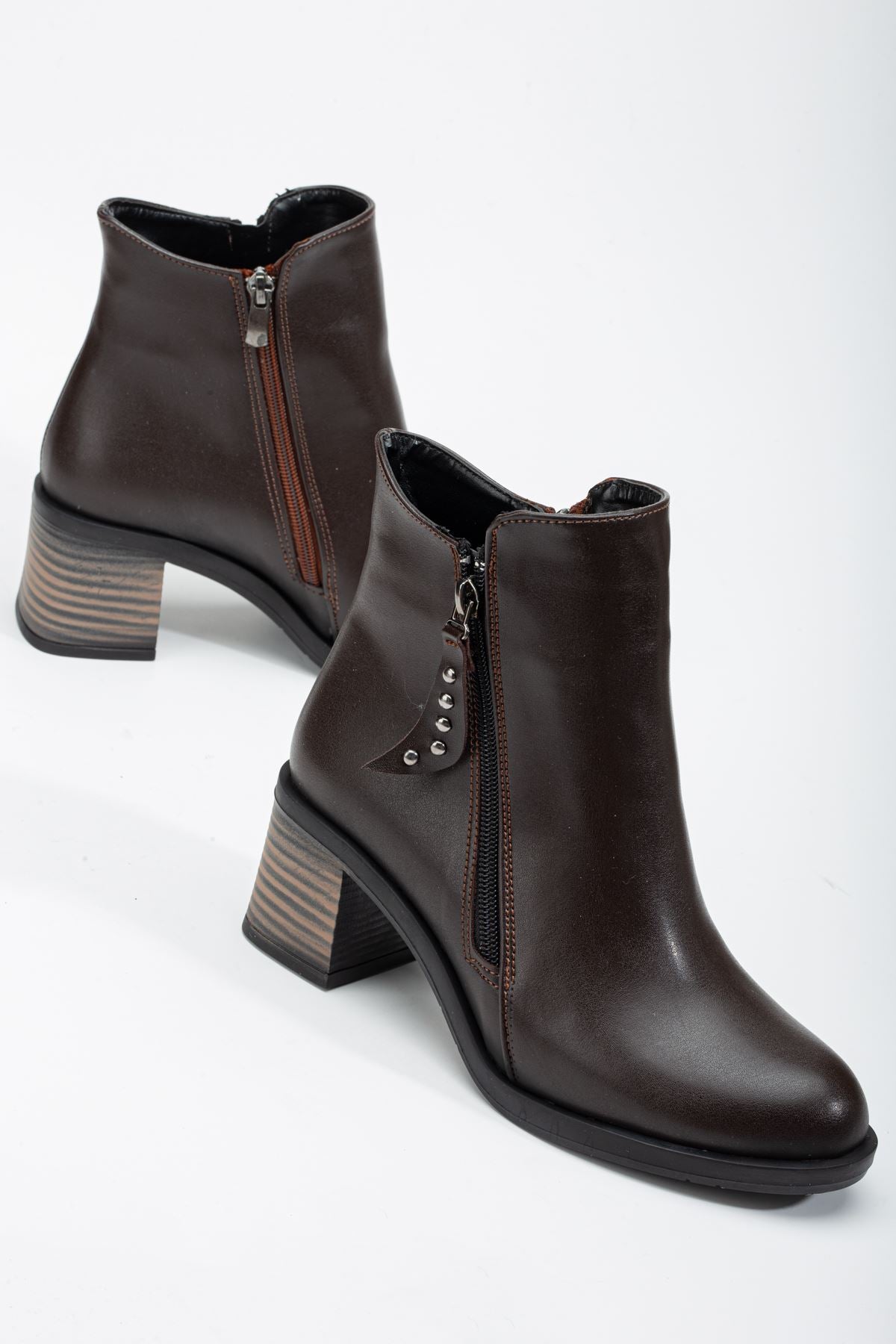 Heeled Dark Brown Double Zipper Women's Boots - STREETMODE™