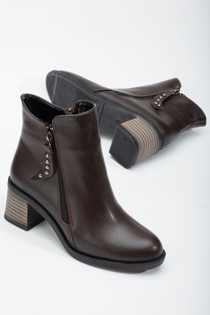 Heeled Dark Brown Double Zipper Women's Boots - STREETMODE™