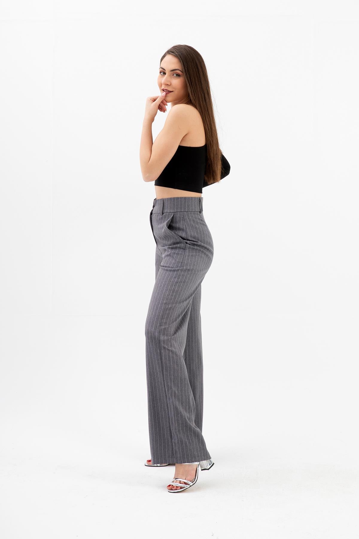 High Waist Striped Women's Palazzo Trousers - Anthracite - STREETMODE™