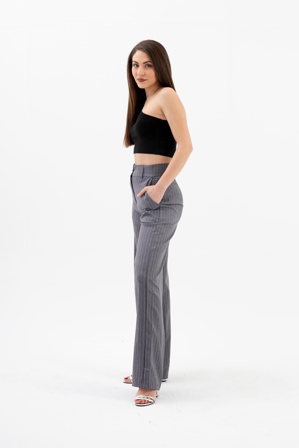 High Waist Striped Women's Palazzo Trousers - Anthracite - STREETMODE™