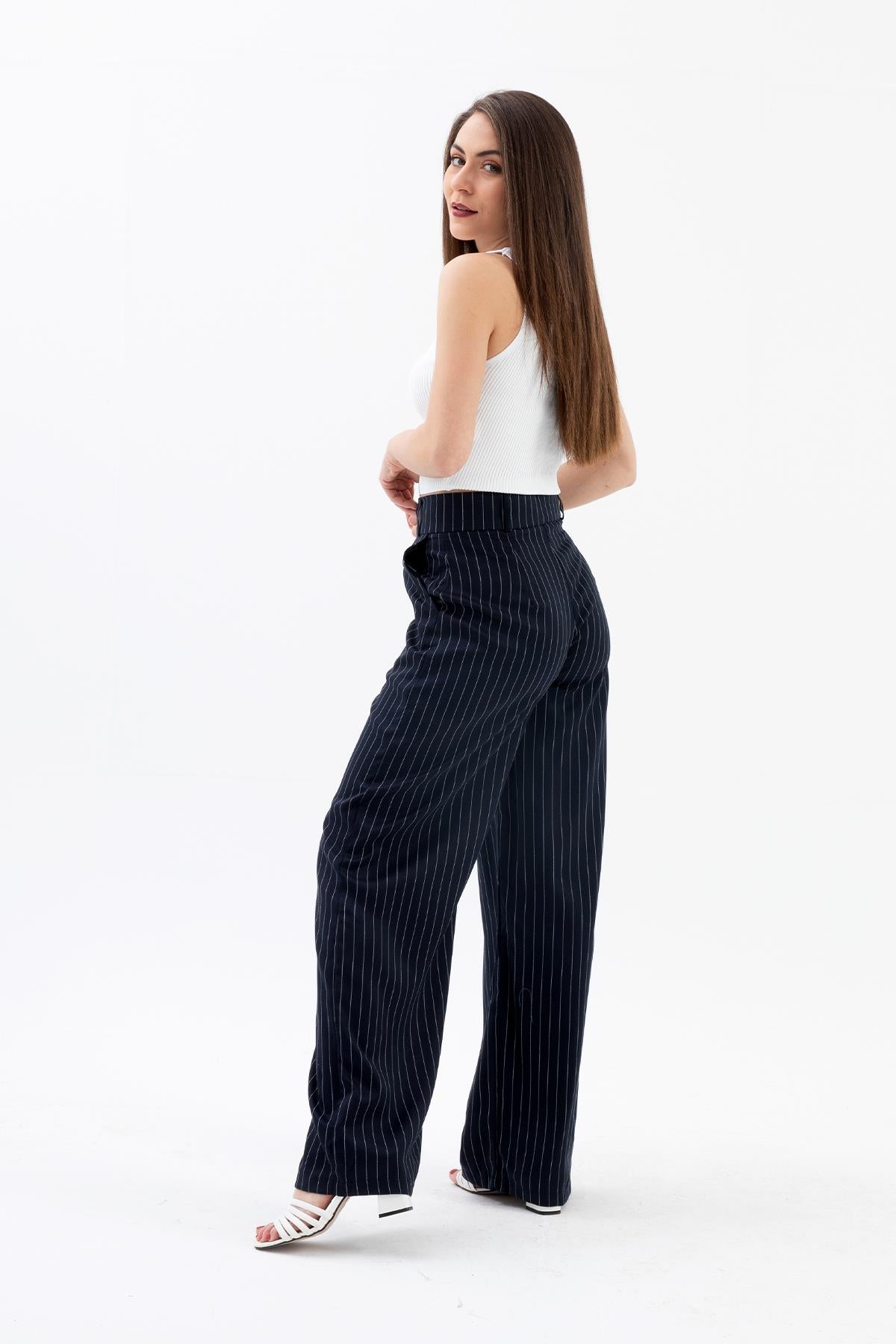 High Waist Striped Women's Palazzo Trousers - Navy Blue - STREETMODE™