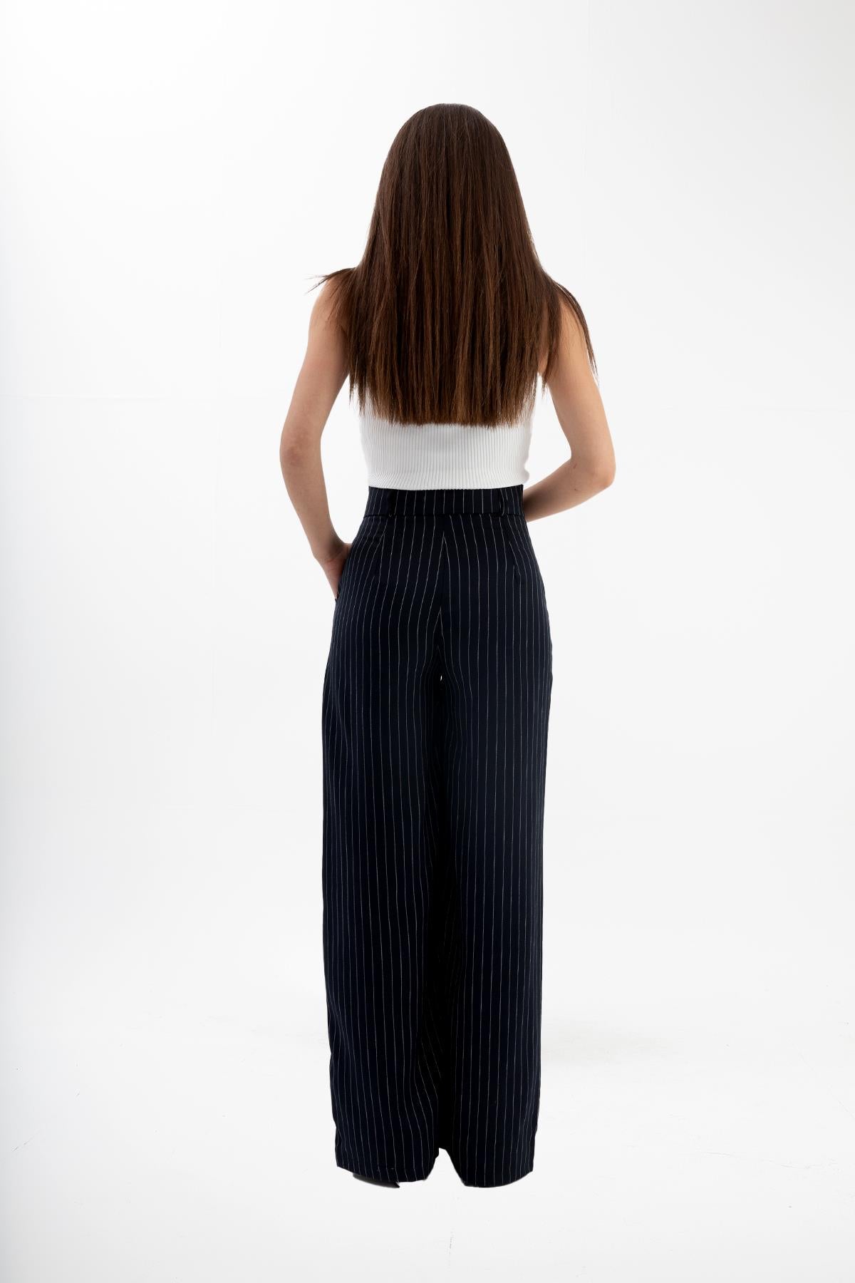 High Waist Striped Women's Palazzo Trousers - Navy Blue - STREETMODE™