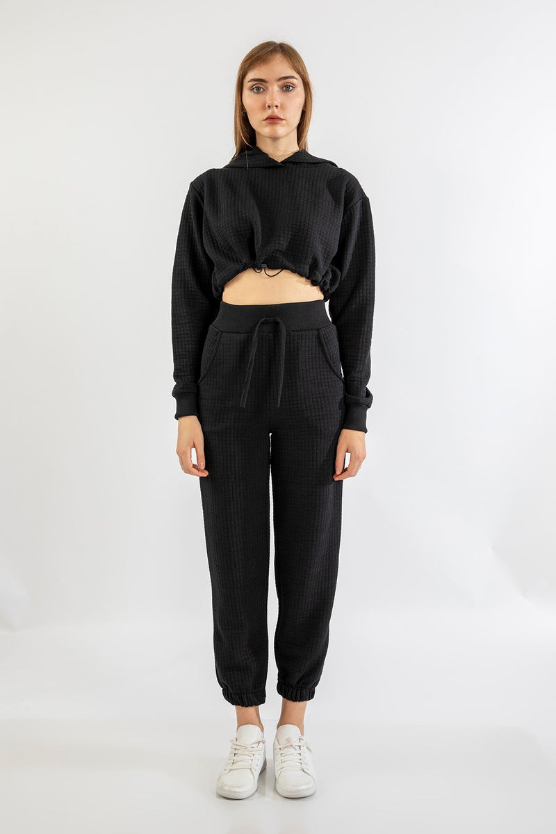 Honeycomb Fabric Long Sleeve Hooded Comfy Women Crop - Black - STREETMODE™