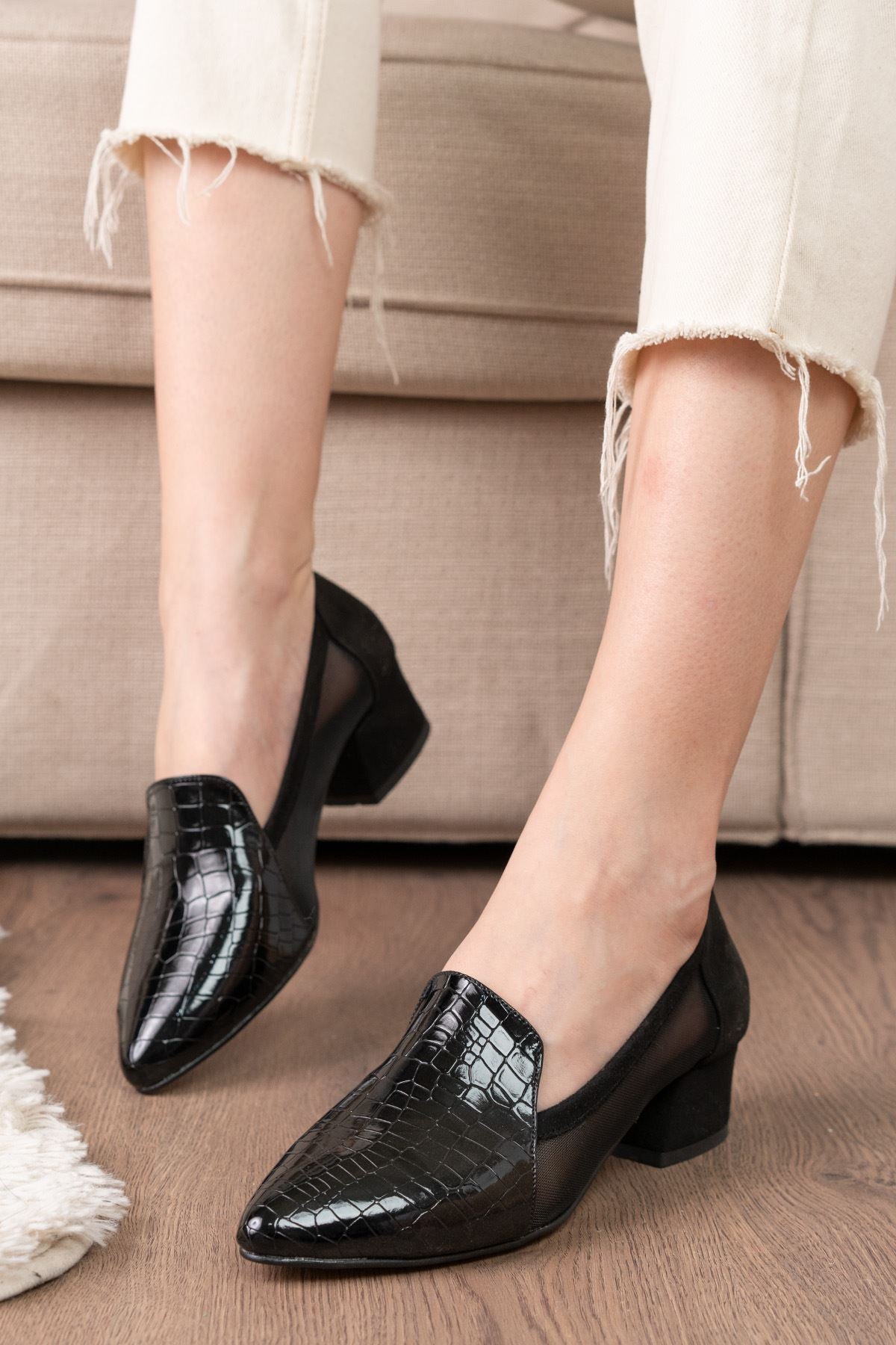 Imena Black Crocodile - Women's Suede Heeled Shoes - STREETMODE™