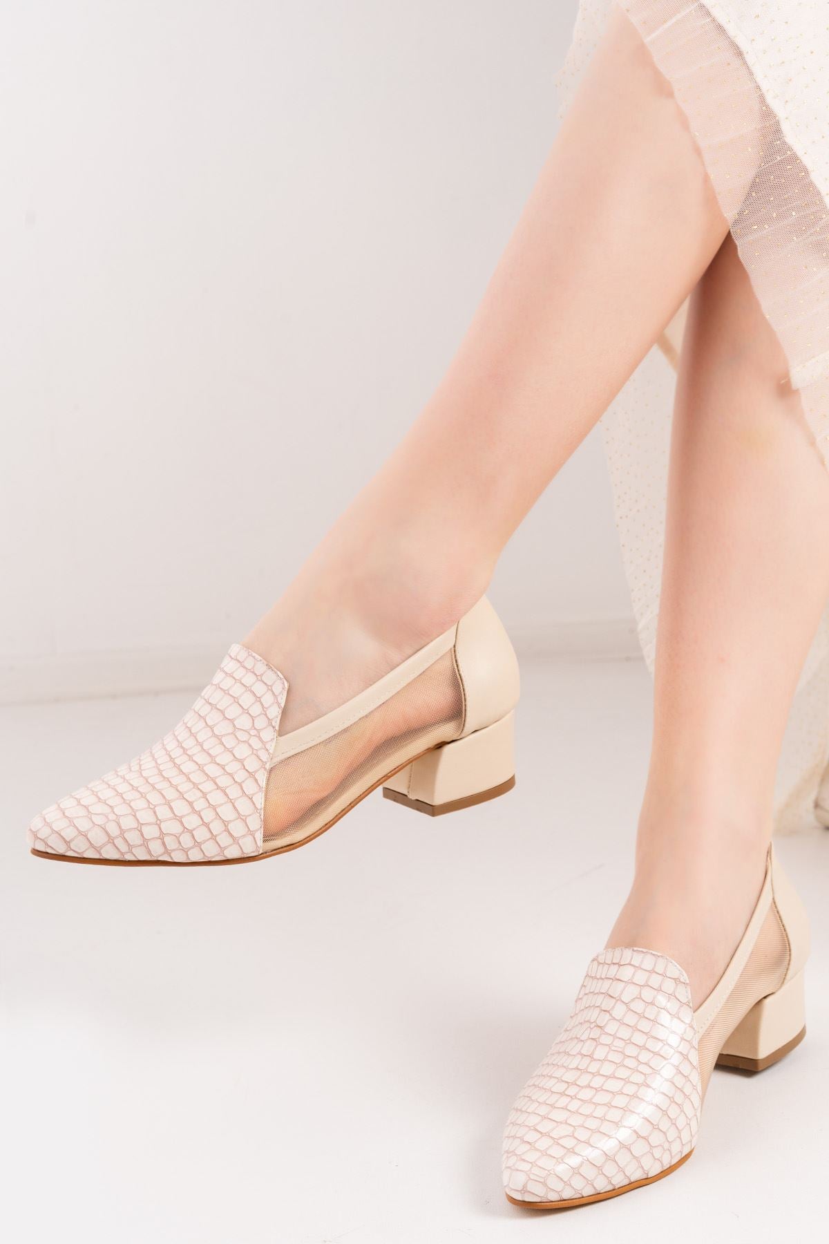 Imena Nude Crocodile - Skin Pointed Toe Low Heels Women's Shoes - STREETMODE™