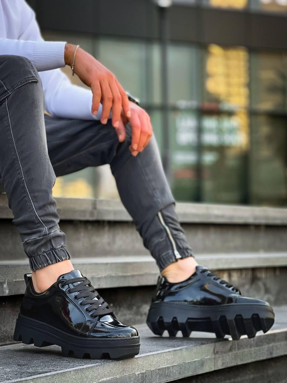 KB-056 Black Patent Leather Black High Sole Daily Sneakers - STREETMODE™