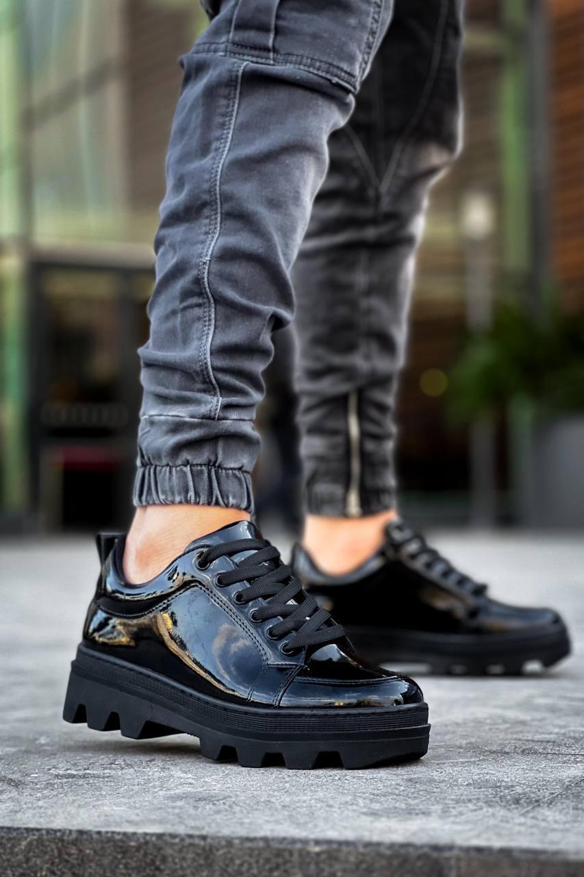 KB-056 Black Patent Leather Black High Sole Daily Sneakers - STREETMODE™