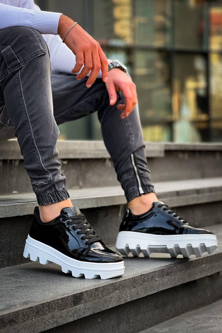 KB-056 Black Patent Leather White High Sole Casual Sneakers - STREETMODE™