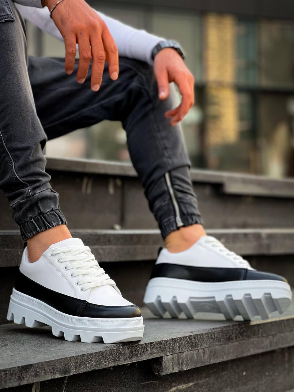 KB-056 White Black Detailed White High Sole Casual Sneakers - STREETMODE™