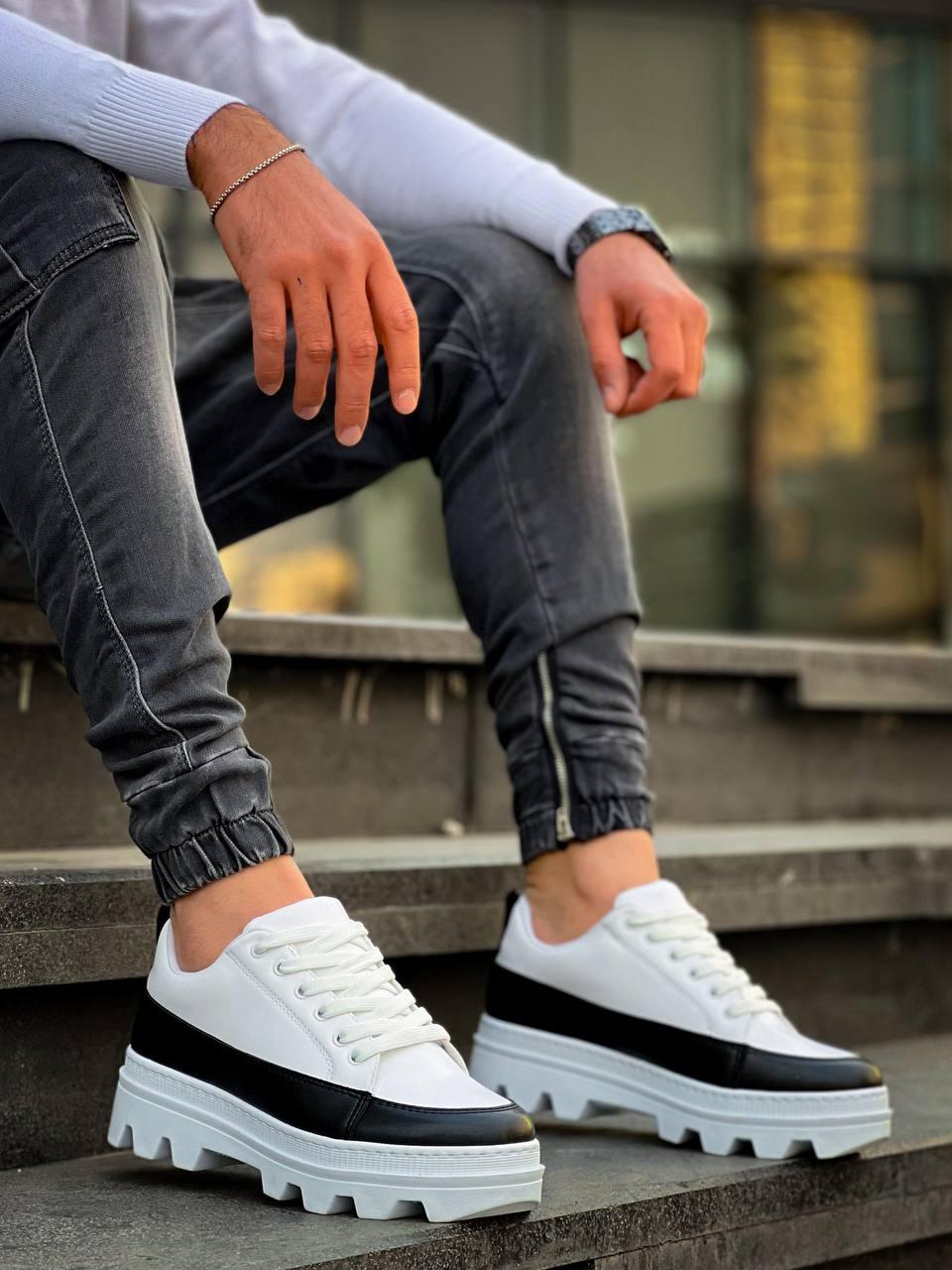 KB-056 White Black Detailed White High Sole Casual Sneakers - STREETMODE™