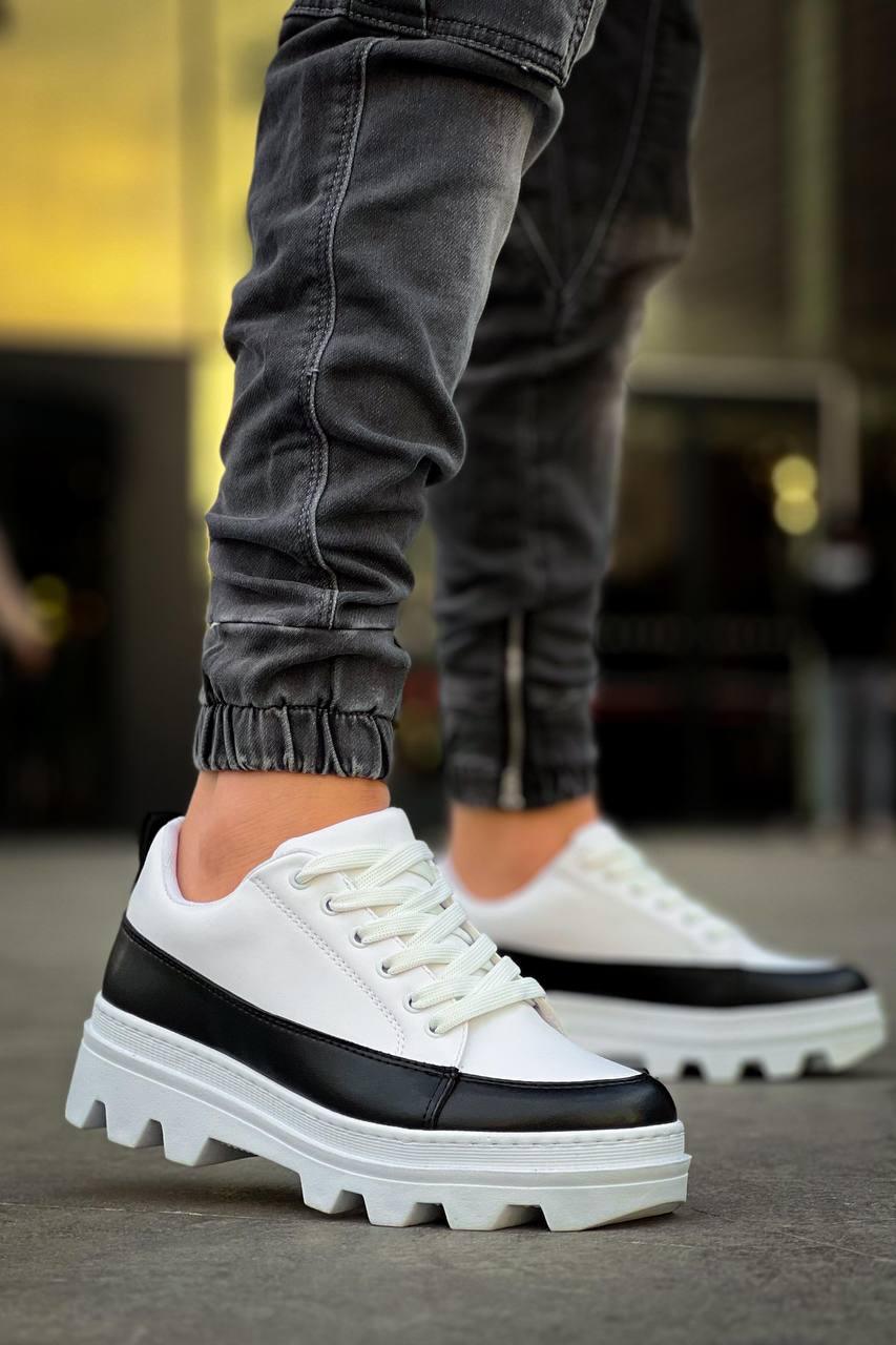 KB-056 White Black Detailed White High Sole Casual Sneakers - STREETMODE™