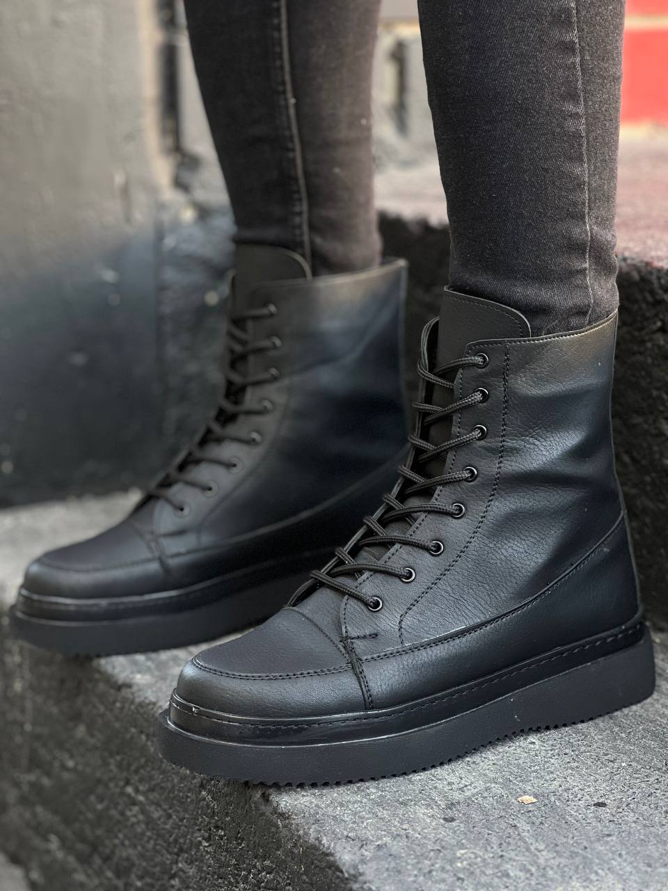 KB-0991 Black Skin Black Sole High Sole Lace-Up Combat Boots - STREETMODE™