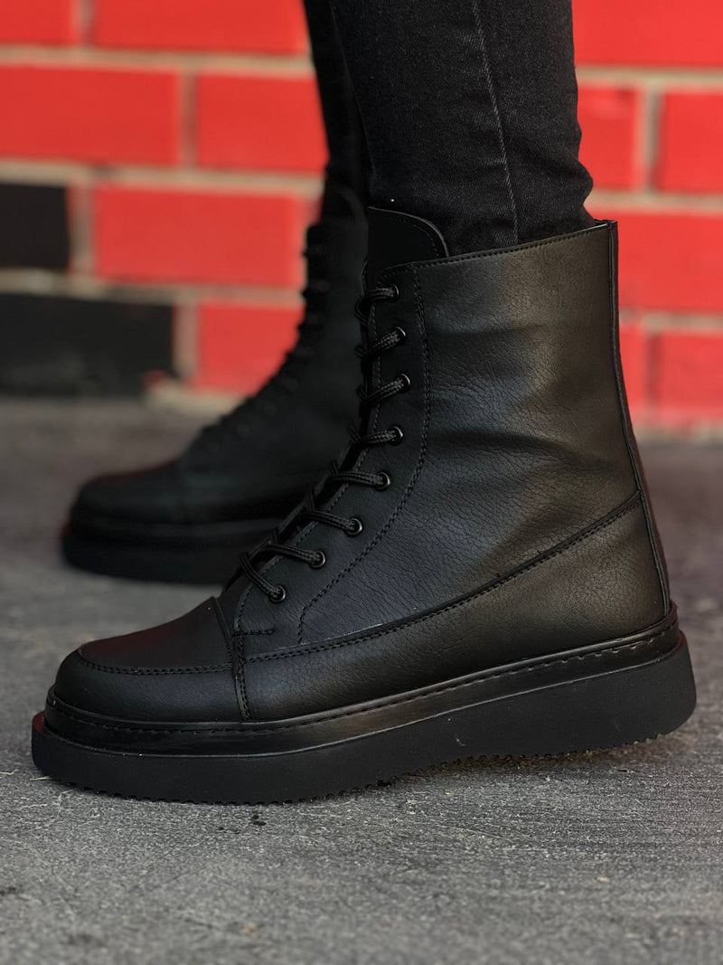 KB-0991 Black Skin Black Sole High Sole Lace-Up Combat Boots - STREETMODE™