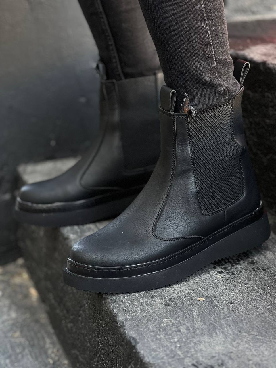 KB-0992 Black Skin Black High Sole Rubber Men's Boots - STREETMODE™