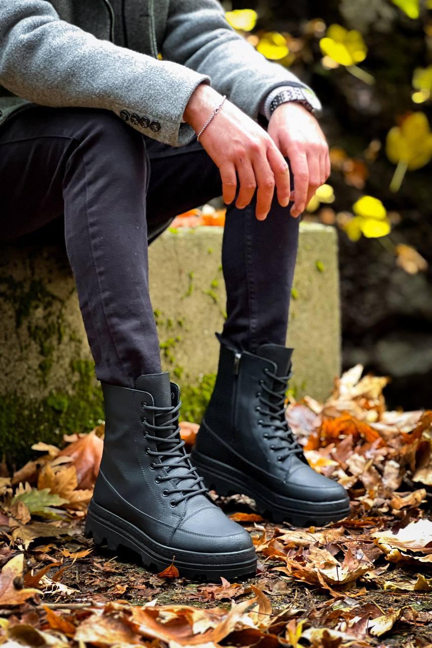 KB-0993 Men's Black Skin Black High Sole Combat Boots - STREETMODE™