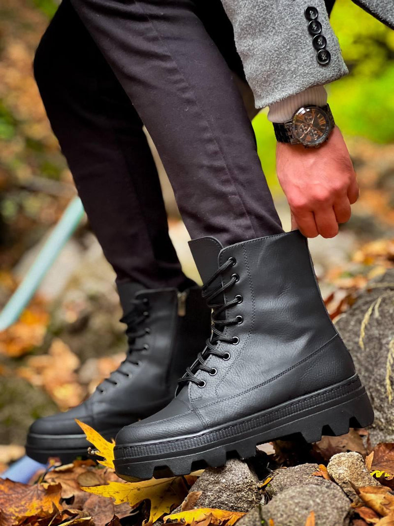 KB-0993 Men's Black Skin Black High Sole Combat Boots - STREETMODE™