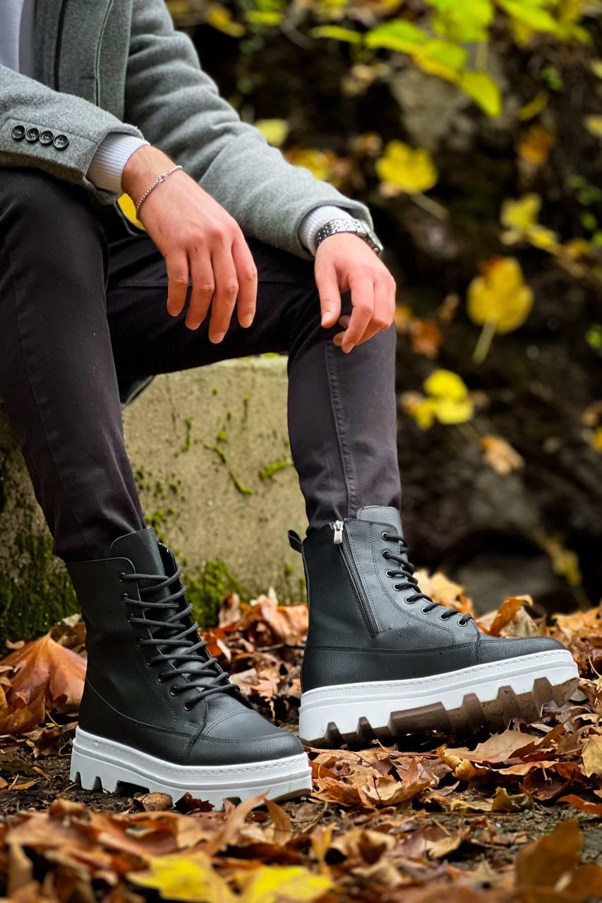 KB-0993 Men's Black Skin White High Sole Combat Boots - STREETMODE™