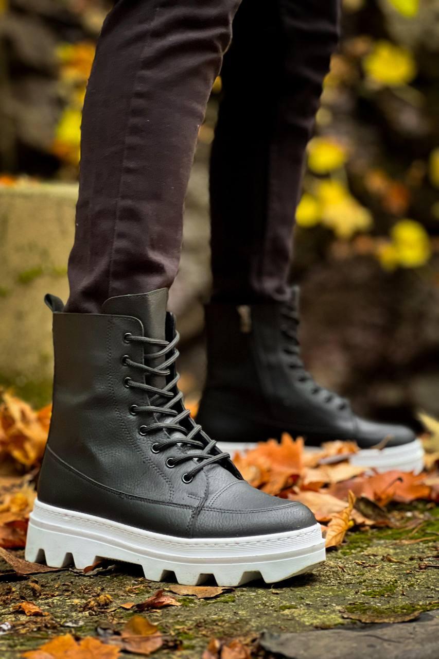 KB-0993 Men's Black Skin White High Sole Combat Boots - STREETMODE™