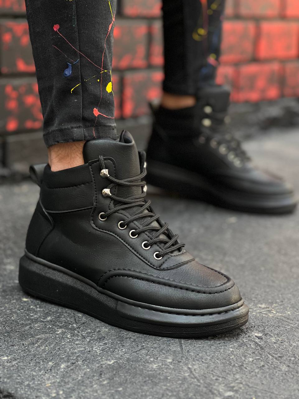 KB-0994 Black Skin Black High Sole Men's Ankle Boots - STREETMODE™