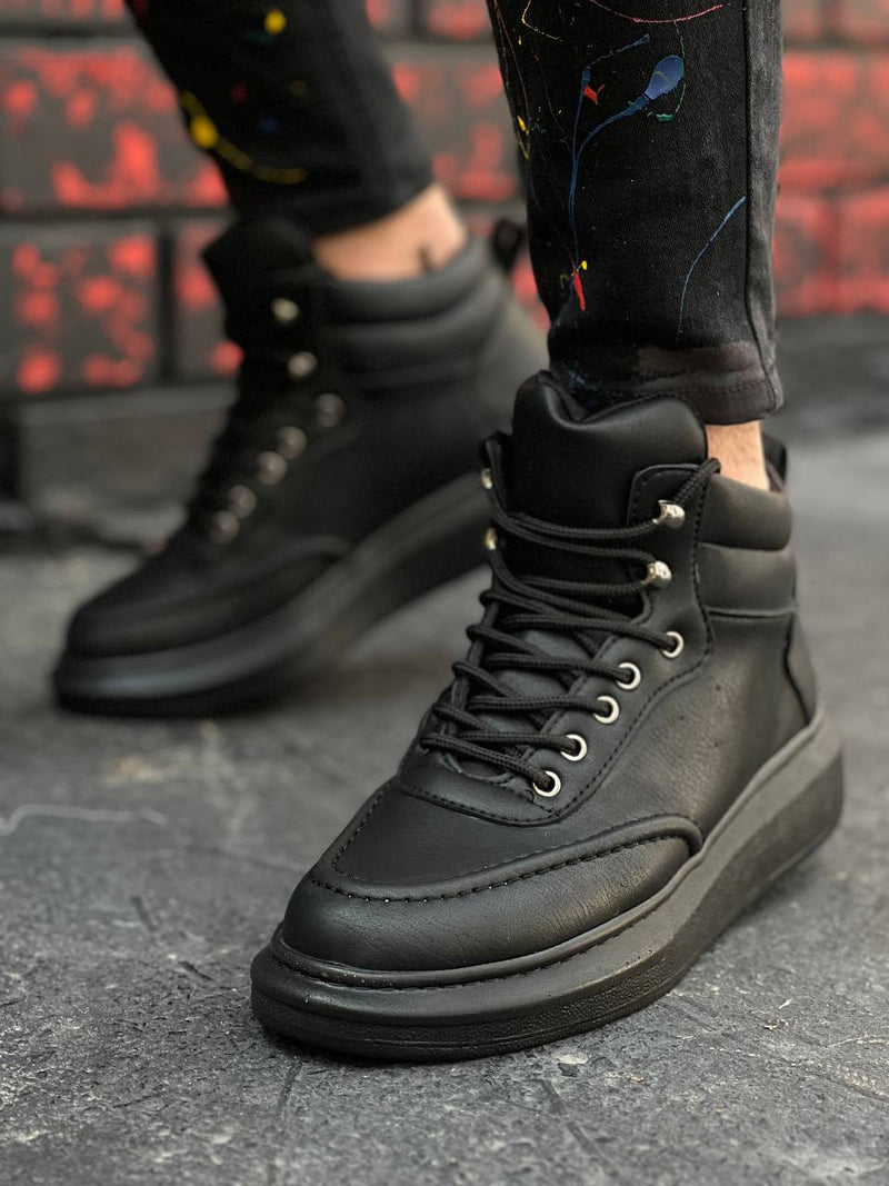 KB-0994 Black Skin Black High Sole Men's Ankle Boots - STREETMODE™