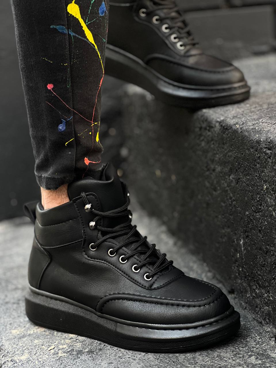 KB-0994 Black Skin Black High Sole Men's Ankle Boots - STREETMODE™