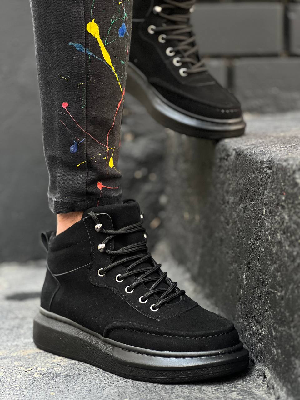 KB-0994 Black Suede Black High Sole Men's Ankle Boots - STREETMODE™