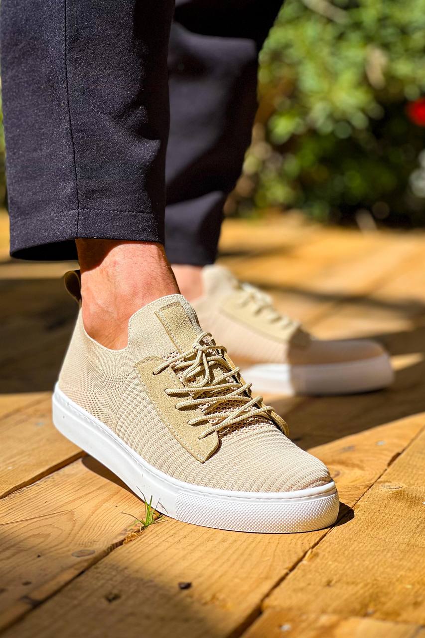 KB-110 Beige Knitwear High Sole Laced Casual Men's Shoes - STREETMODE™