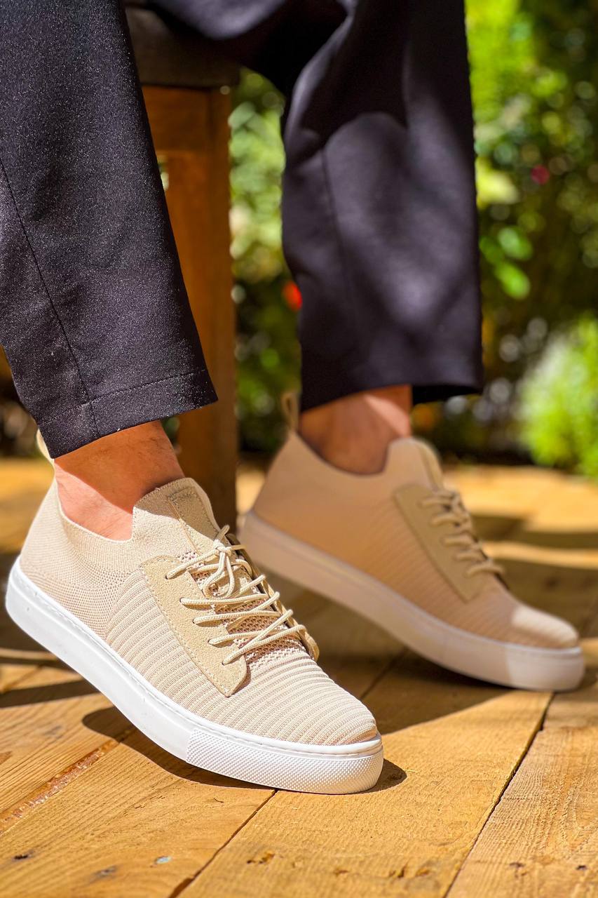 KB-110 Beige Knitwear High Sole Laced Casual Men's Shoes - STREETMODE™