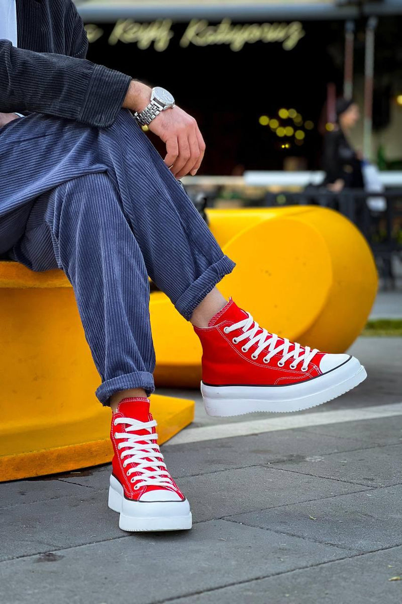 KB-CX-3 Men's Long Red Linen White High Sole Sneakers - STREETMODE™