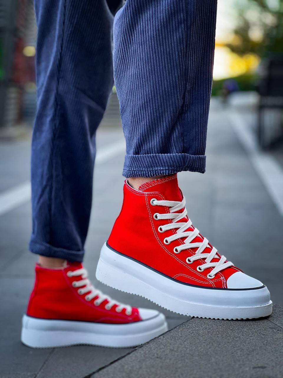 KB-CX-3 Men's Long Red Linen White High Sole Sneakers - STREETMODE™