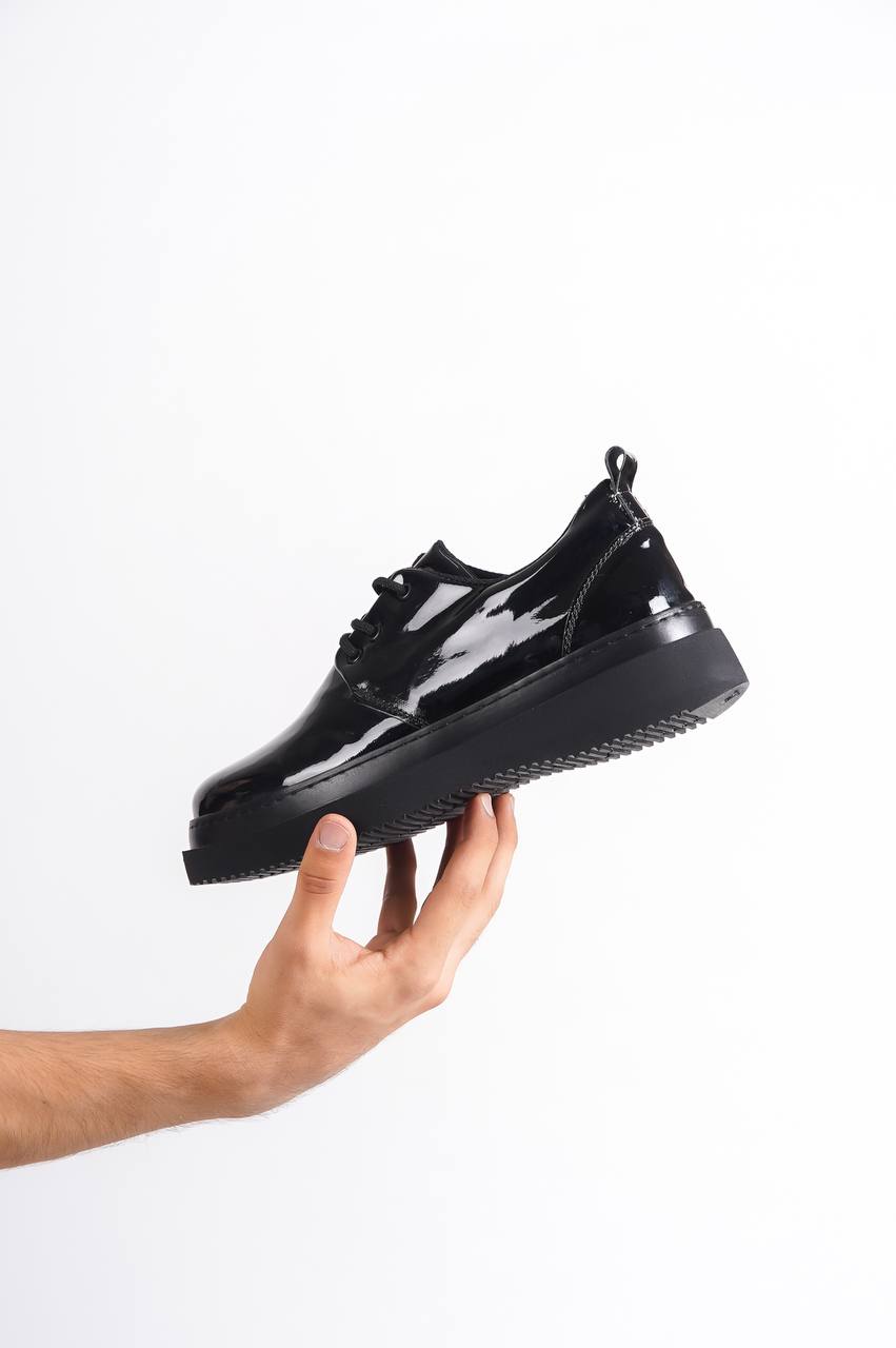KB-X3 Black Patent Leather Black Sole Laced Casual Men's Shoes - STREETMODE™