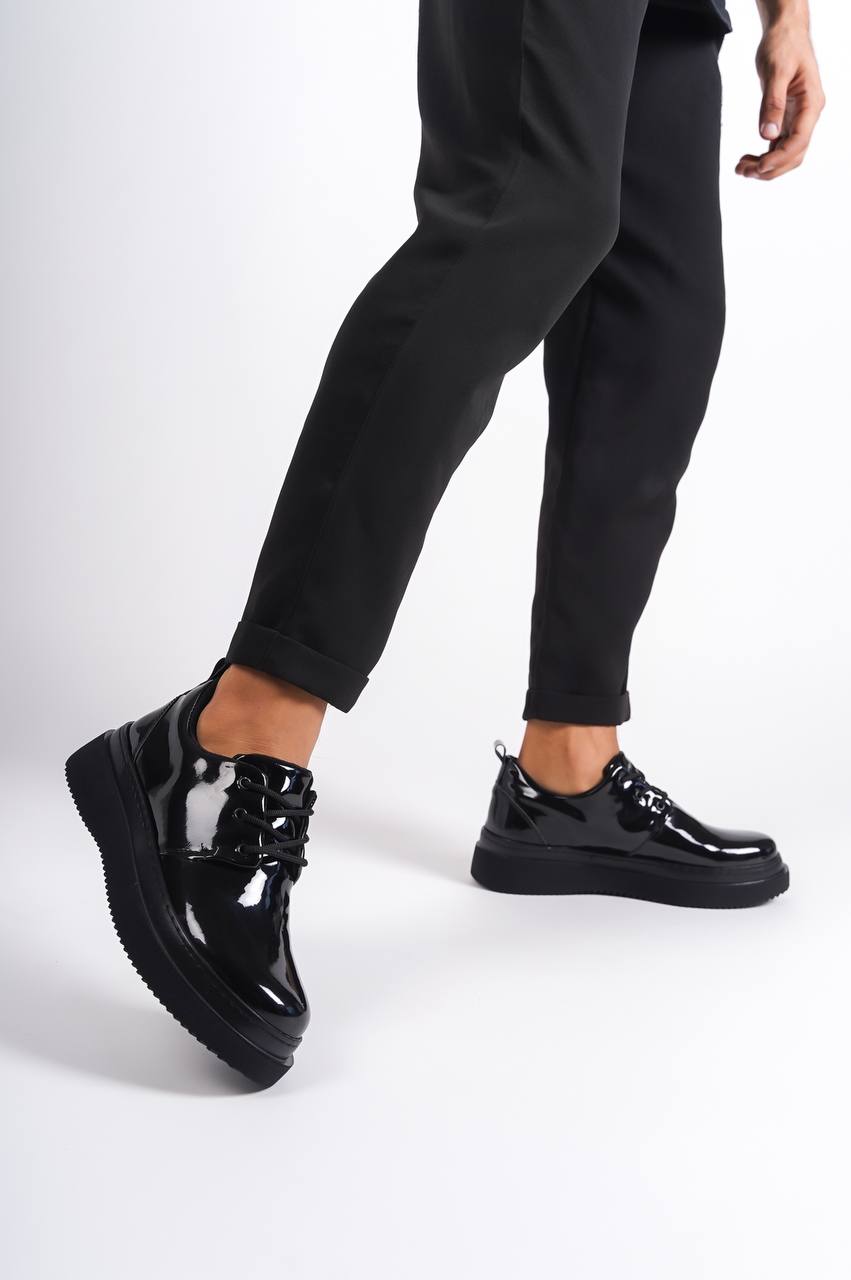 KB-X3 Black Patent Leather Black Sole Laced Casual Men's Shoes - STREETMODE™