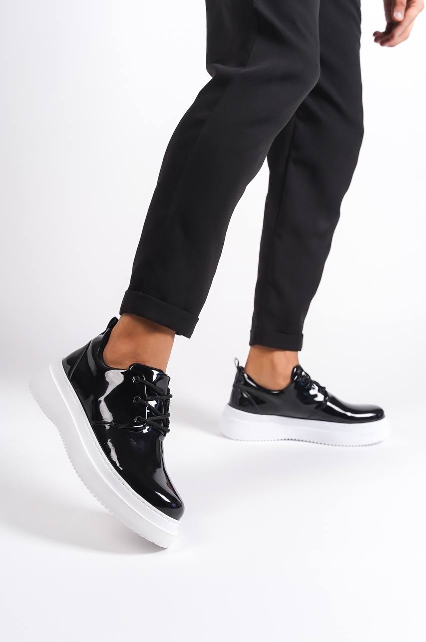 KB-X3 Black Patent Leather Laced Casual Men's Shoes - STREETMODE™