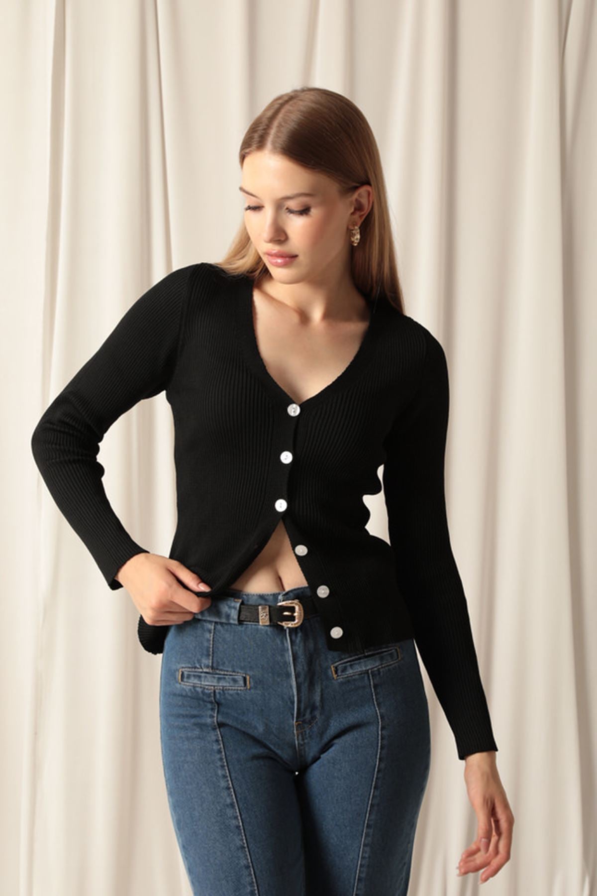 Knitwear Fabric Buttoned Women's Black Cardigan - STREETMODE™