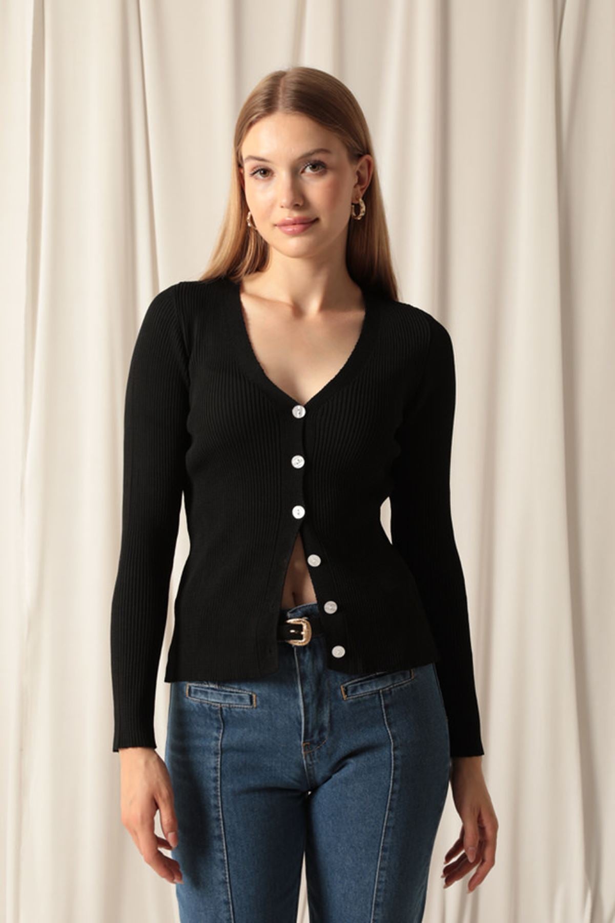 Knitwear Fabric Buttoned Women's Black Cardigan - STREETMODE™