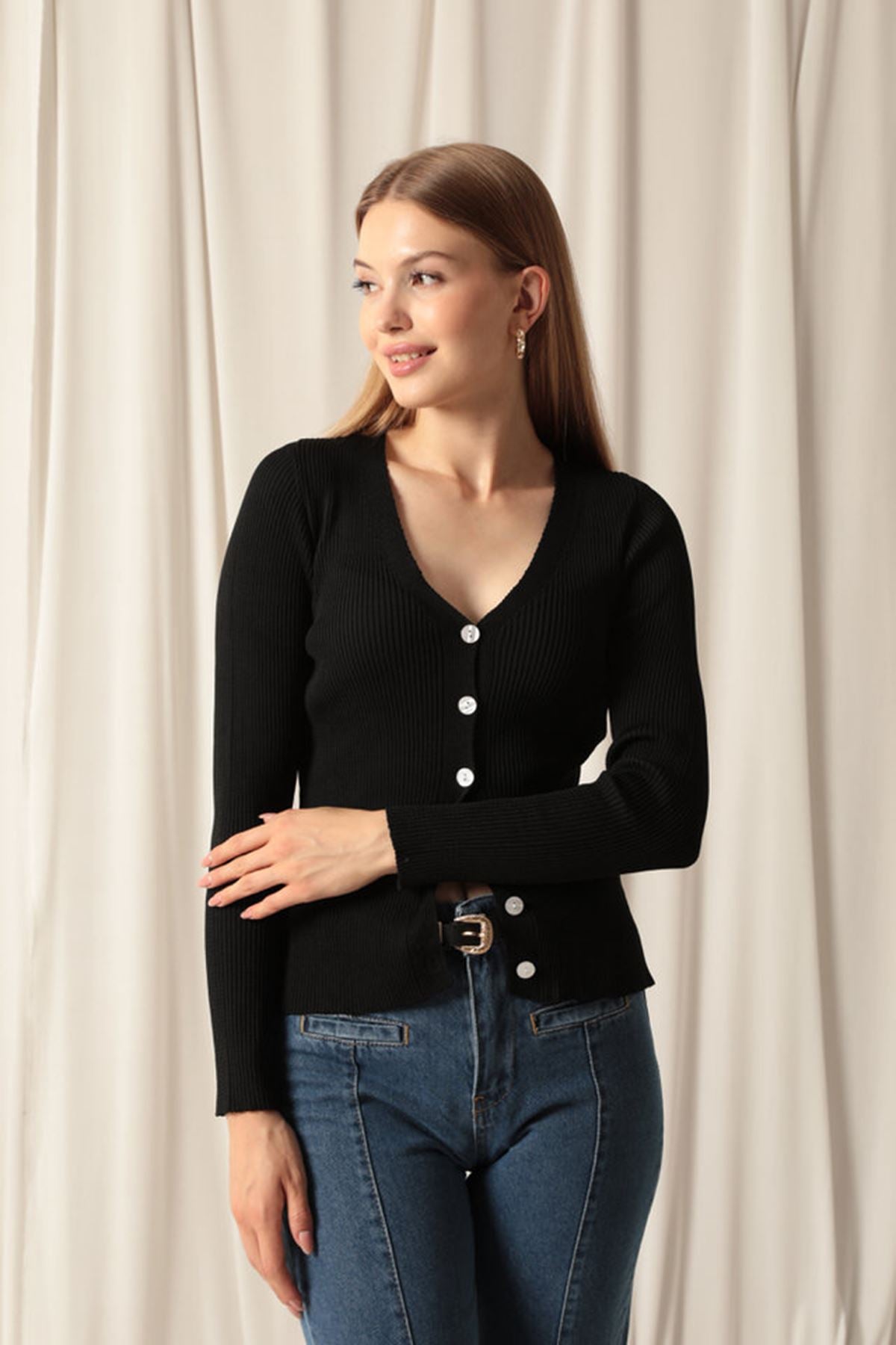 Knitwear Fabric Buttoned Women's Black Cardigan - STREETMODE™